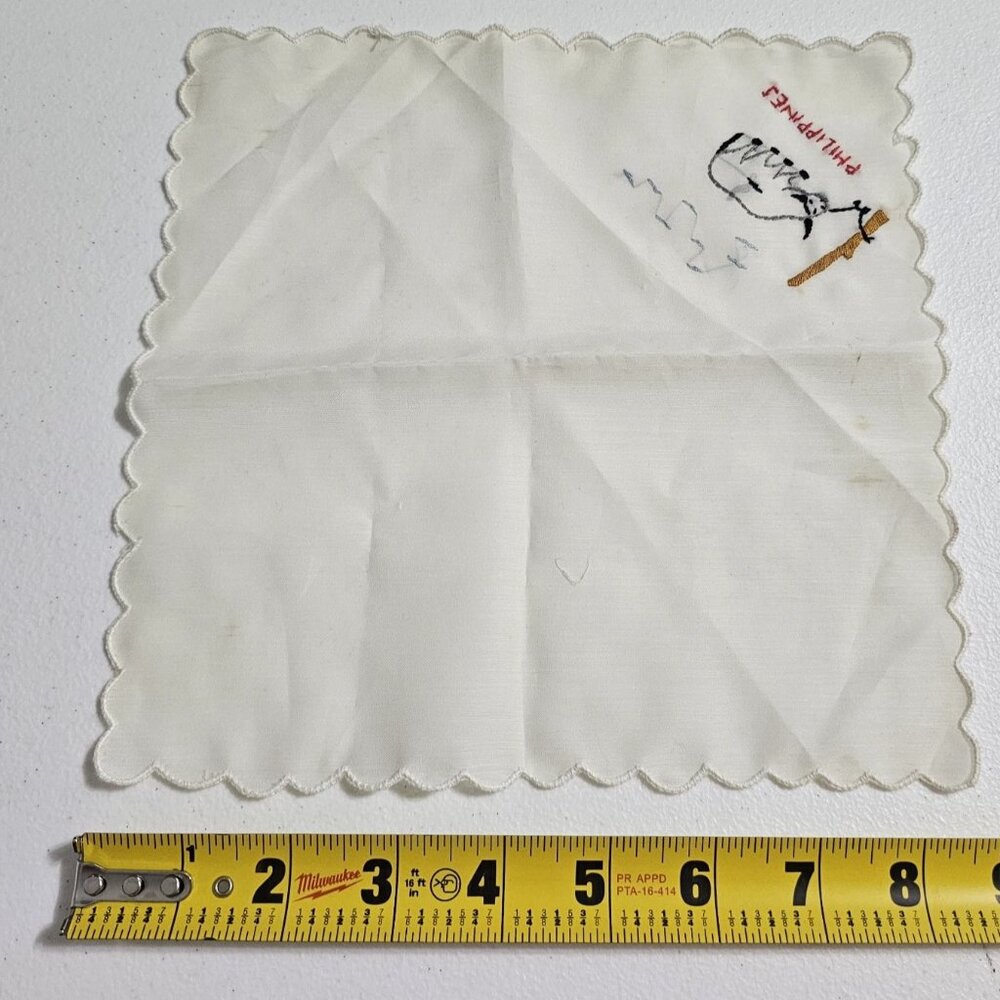 Vintage Handkerchief Hankie Philippines Stitched Straw Hut Bull Ox Palm Tree - Picture 6 of 13